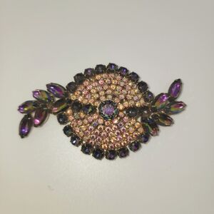 Vintage Brooch with Watermelon Vitrail AB Stones Navette Round GORGEOUS